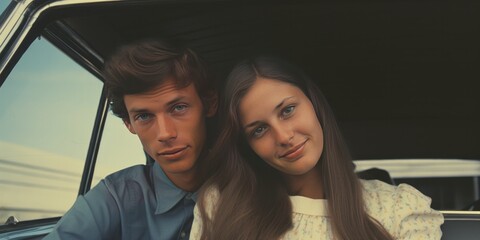 a polaroid capture of highscool lovers happy on the car bonnet, late 1960s america