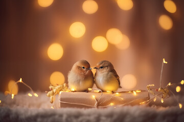  Cute birds couple holding Christmas presents, golden lights background