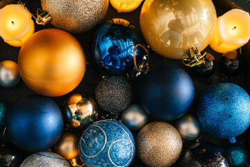 Christmas ornaments baubles ready to decorate a Christmas tree. Storage of Christmas ornaments