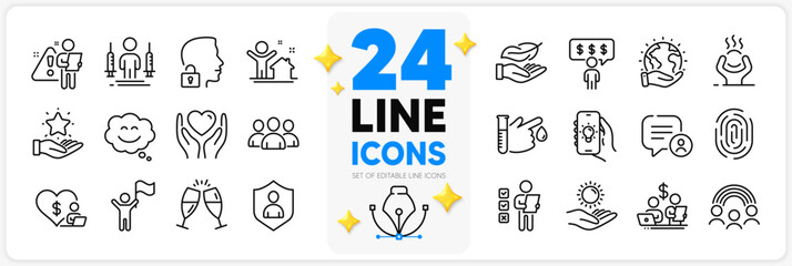 Icons set of Search employee, Unlock system and Voting ballot line icons pack for app with Electric app, Difficult stress, New house thin outline icon. Blood donation, Employee benefits. Vector