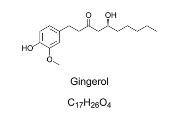 Gingerol, chemical formula and structure. Phenolic phytochemical compound found in fresh ginger, activating heat receptors on the tongue. Normally found as a pungent yellow oil in the ginger rhizome.
