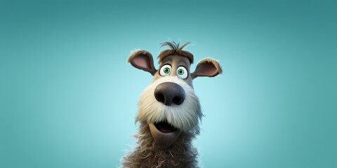 Curious fluffy reindeer character looking upwards, on a serene green studio background - obrazy, fototapety, plakaty