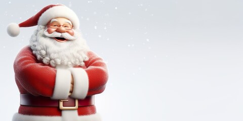 Cute animated Santa Claus character with a big belly laugh, on a snowy white studio background