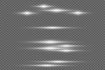 Set of white horizontal highlights. Laser beams, horizontal light beams. Beautiful light flashes. - obrazy, fototapety, plakaty