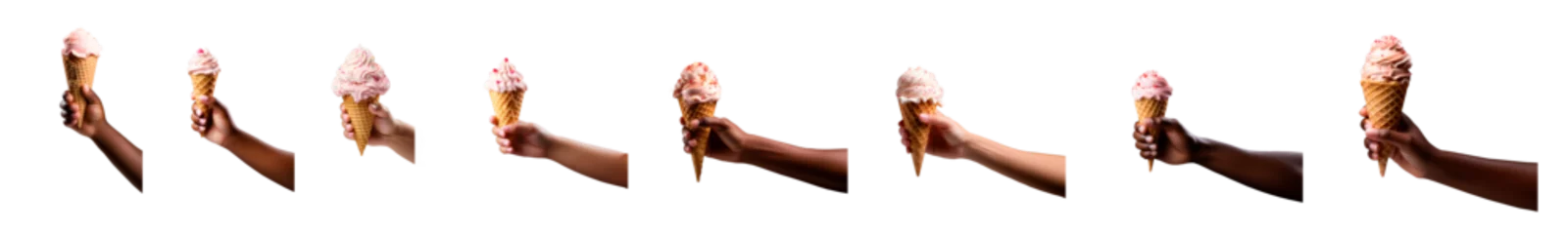 Foto auf Alu-Dibond big set with female, male and kids hand holding an ice cream waffle cone with ice cream isolated on transparent background cutout. © Png