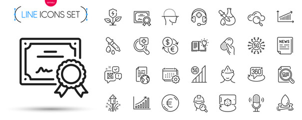 Pack of 5g technology, 360 degree and Fireworks line icons. Include Euro money, Qr code, Fake news pictogram icons. Product knowledge, Water splash, Medical support signs. Graph chart. Vector