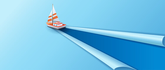 Paper art of sailboat that travels on adventures to the ocean