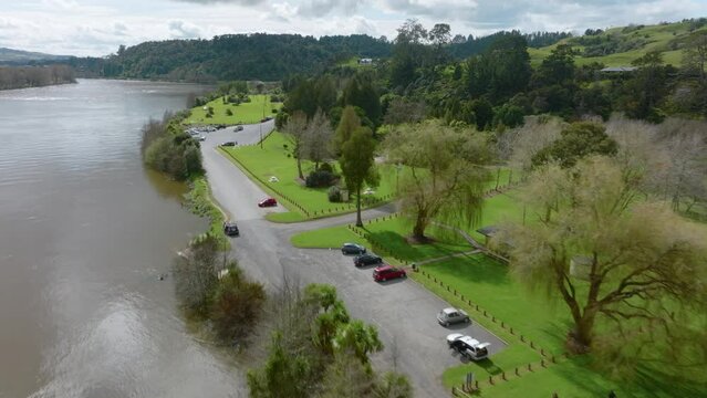 Aerial: Waikato River in Tuakau. New Zealand