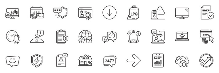 Icons pack as Petrol station, Shield and Privacy policy line icons for app include Power safety, Certificate, Report document outline thin icon web set. Next, Reminder, Audit pictogram. Vector