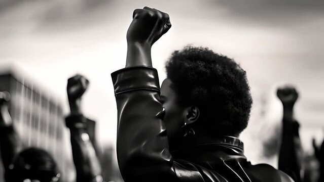 Raised fist moving Activist protesting against racism and fighting for equality Black lives matter demonstration on street for justice and equal rights Blm international movement concept