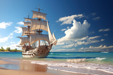 A large wooden ship with white sails off the coast during the day. Generated by artificial intelligence - obrazy, fototapety, plakaty
