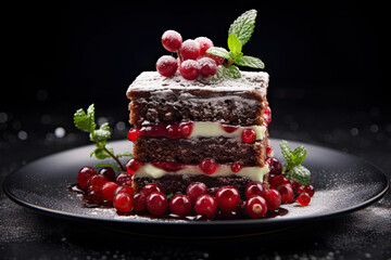 présentation d'un dessert de gâteau au chocolat et fruits rouges de noël sur une table de fête - obrazy, fototapety, plakaty