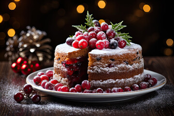 présentation d'un dessert de gâteau au chocolat et fruits rouges de noël sur une table de fête