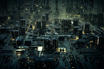 circuit boards that form a Futuristic City of Lights Created With Generative AI Technology Generative AI. Created with generative AI technology