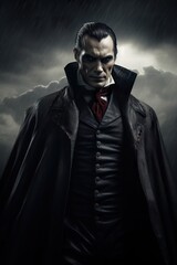 Obraz premium Dracula with a sinister smile and exposed fangs, standing in front of a stormy backdrop