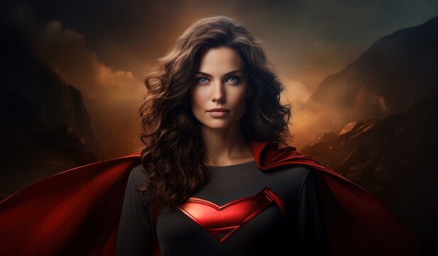 A woman with a red cape, portraying a formidable female superhero exuding the resilience and might of her gender, generative AI