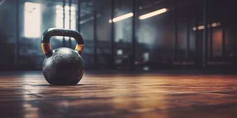 Dynamic image of a kettlebell and jump rope on a gym floor, symbolizing strength training, with copy space - obrazy, fototapety, plakaty