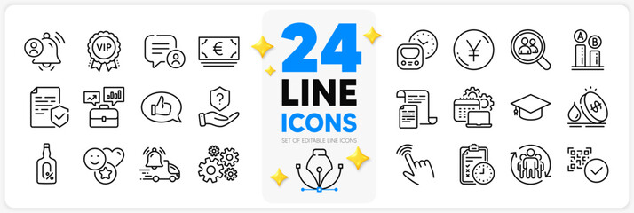 Icons set of Cursor, Graduation cap and Chat bubble line icons pack for app with Cogwheel, Software, Smile thin outline icon. Documents, Teamwork, Euro currency pictogram. Certificate. Vector