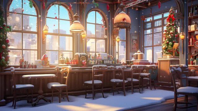 Snowy Serenity: A Café's Christmas Glow Amidst Winter's Blanket. 4K Seamless Loop Video Background.