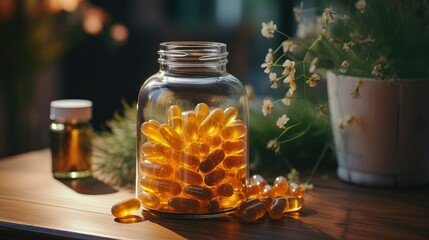 Glass bottle with softgels and Omega-3 capsules lying on a white background. Caustics light, sunlight. Fish oil pills. Medical support and treatment. Biologically active additives. Copy spase. Banner