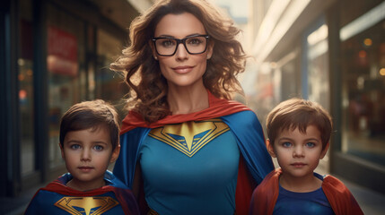 A superhero mother with two children dressed in superhero costumes, exemplifying female superpowers, generative AI