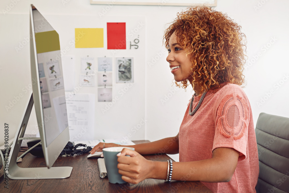 Poster web design, tea or woman with computer for research, editing or copywriting on blog or website. happ