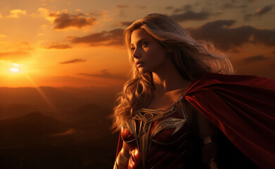 A powerful female superhero, donning a red cape, symbolizing the strength and fortitude of women, generative AI