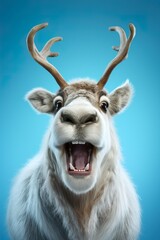 Fluffy reindeer character smiling warmly, on a bright blue studio background