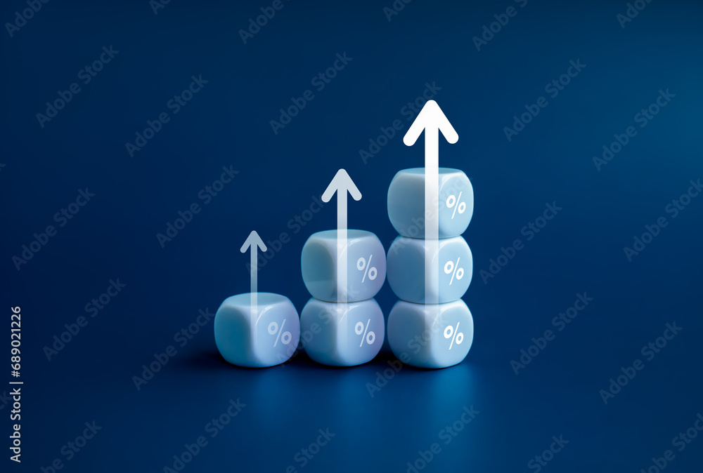 Poster percentage icon on white cube blocks as a business chart steps with rise up arrows isolated on blue 