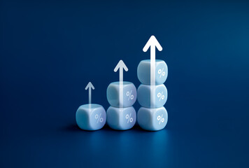Percentage icon on white cube blocks as a business chart steps with rise up arrows isolated on blue...