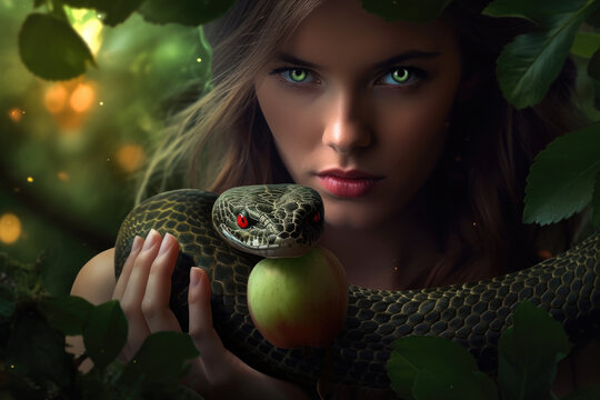 Woman and snake in a mystic encounter. Concept reflects ancient temptation myth.
