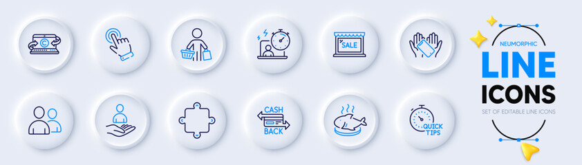 Fototapeta na wymiar Users, Recruitment and Smartphone holding line icons for web app. Pack of Cursor, Copywriting notebook, Fish dish pictogram icons. Sale, Timer, Quick tips signs. Cashback card, Buyer, Puzzle. Vector