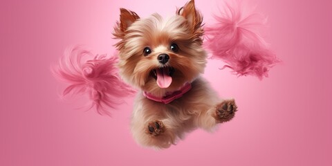Playful fluffy dog cartoon character leaping joyfully, on a soft pink studio backdrop