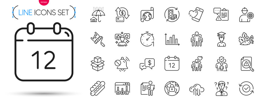 Pack of Annual calendar, Support consultant and Translation service line icons. Include Survey results, Packing boxes, Security confirmed pictogram icons. Clipboard, Group, Friendship signs. Vector