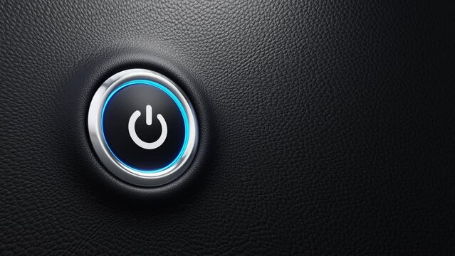 Power button. Start, off and on concept. Modern car button with power sign and blue light. 4k 3d loop animation