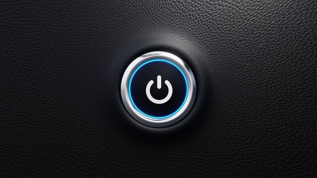 Power push button. Start, off and on concept. Power button of a  modern car with blue shine. 4k 3d loop animation