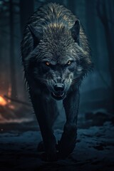 Portrait of a fierce werewolf with glowing eyes in a dark, misty forest setting