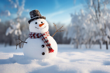 Snowman in a Beautiful Sunny Winter Day