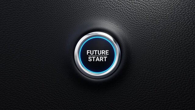 Future start push button. New startup, start a business, change or strategic vision concept. Modern car button with blue shine. 4k 3d loop animation