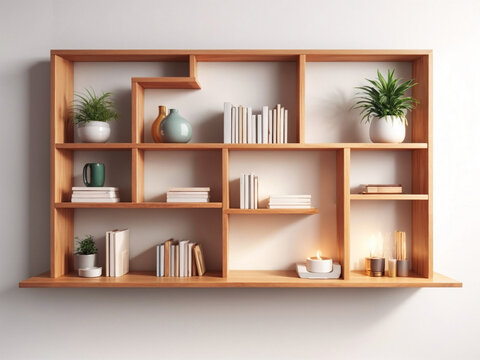 Realistic colorful shelf with blank book vector illustration. wooden bookshelf mockup with gradient background.