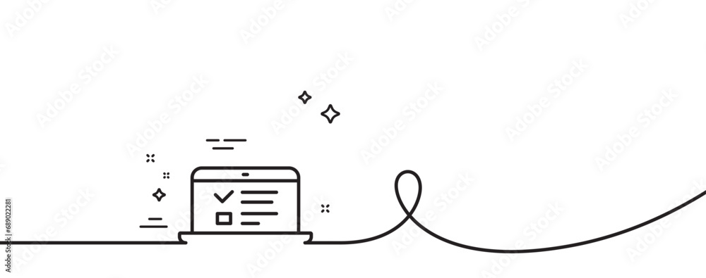 Poster online education line icon. continuous one line with curl. notebook or laptop sign. web presentation