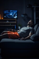 Portrait of a person asleep on a couch with a workout video playing on TV, highlighting the challenge of staying active, including copy space