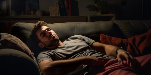Fototapeta premium Portrait of a person asleep on a couch with a workout video playing on TV, highlighting the challenge of staying active, including copy space