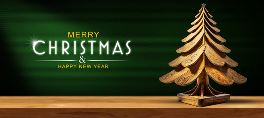 Small old wooden Christmas tree with a small comet star on a wooden table with copy space and text Merry Christmas and Happy New Year. 