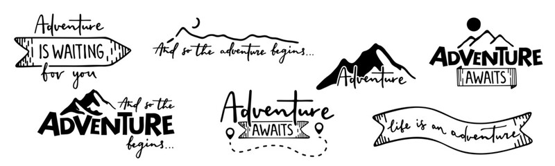 Travel and adventure quotes. Calligraphy lettering. Collection of written phrases, slogans. Creative vector illustration over transparent - obrazy, fototapety, plakaty