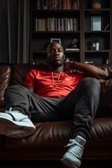 Obraz premium Portrait of a person lounging on a sofa, eyeing workout clothes and running shoes with reluctance, including copy space