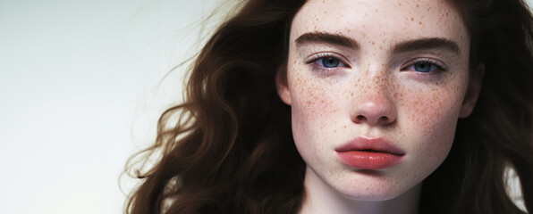 Beautiful woman model with freckles and blue eyes. Close-up, natural makeup, fashion and beauty editorial concept.