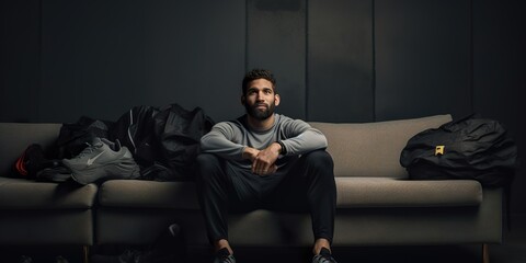 Portrait of a person sitting on a couch, looking disheartened with fitness gear unused in the background, including copy space