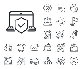 Risk coverage sign. Salaryman, gender equality and alert bell outline icons. Laptop insurance hand line icon. Notebook protection symbol. Laptop insurance line sign. Vector