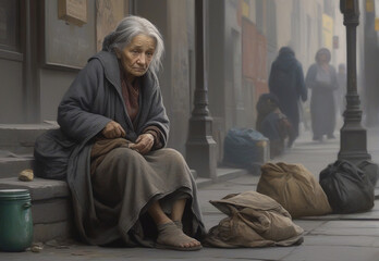 Homeless old woman sitting on street